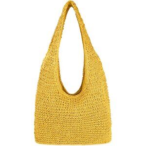 Women's Yellow Large Straw Beach Bag Handmade Woven Shoulder Hobo Tote Handbag